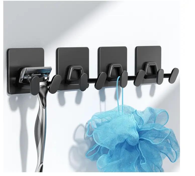 Adhesive Shower Hooks for Inside - Extra Sticky Stainless, Razor Holder Shower Accessories, Wall Mounted Self-Adhesive Double Hooks for Razor, Loofah, Towel, Shaver, Coat, Key, Matt Black, 4-Pack