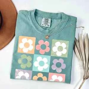 Retro Checkered Flowers TShirt, Summer T-Shirts for Women, Boho Floral Tee, Floral Beach Tshirt, Trendy Oversized tee gift GM1