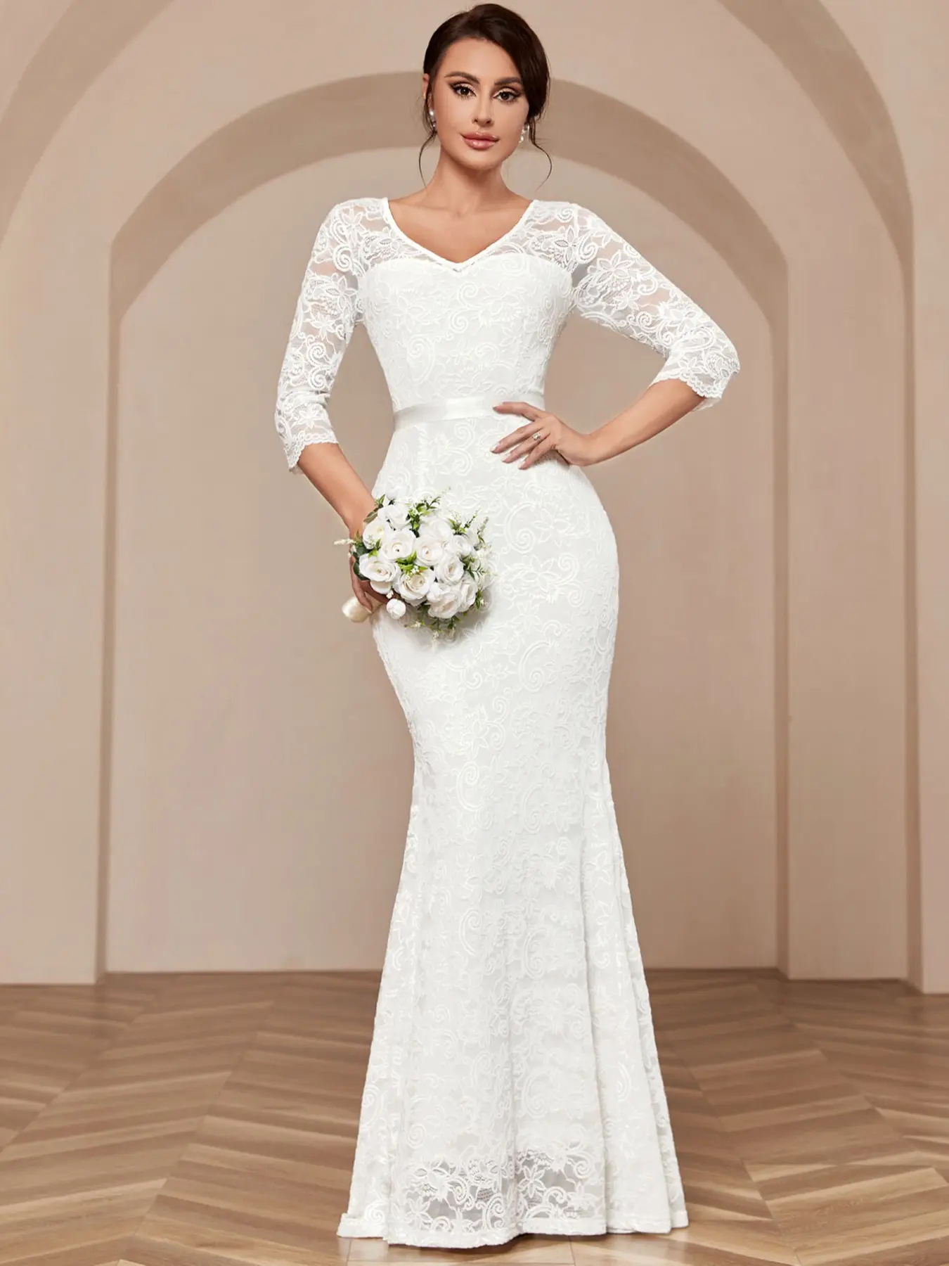 V Neck Full Floral Lace Belt Slim Mermaid Hem Evening Cocktail Party Formal Maxi Dress White Elegant Wedding Bridal Dress,Bride Wedding Dresses