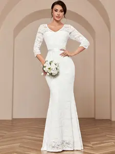 V Neck Full Floral Lace Belt Mermaid Hem Evening Party Formal Dress White Elegant Wedding Bridal Dress,Bride