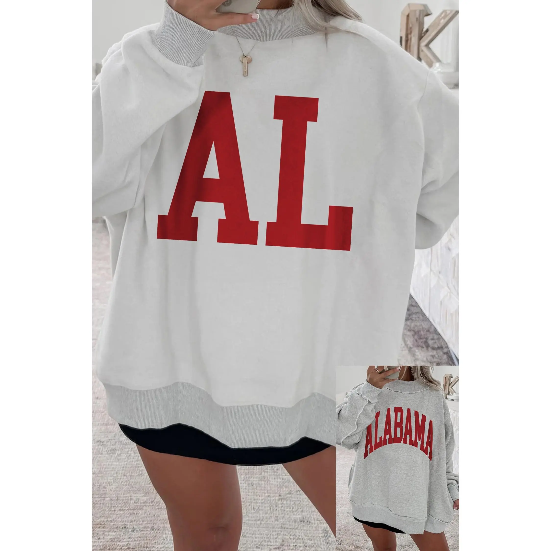 Light Grey AL Reversible Printed Ribbed Patchwork Mock Neck Sweatshirt