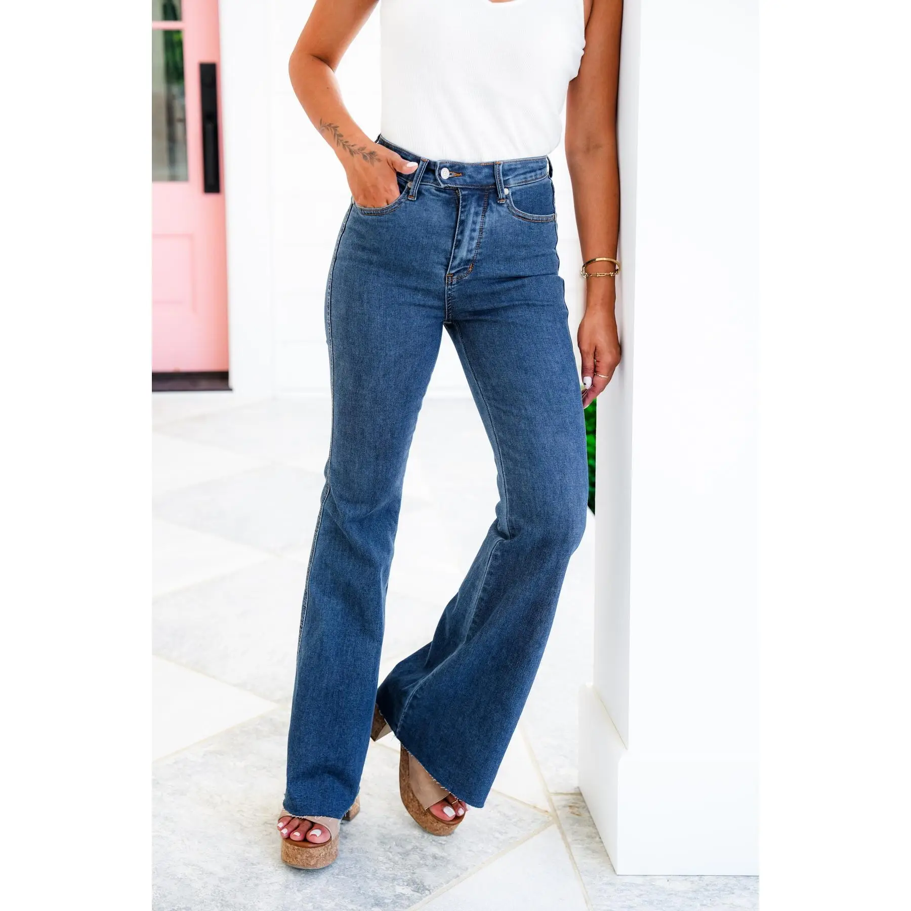 Judy Blue Triple Threat High Rise Medium Wash Cool Denim Tummy Control Top Flare Jeans