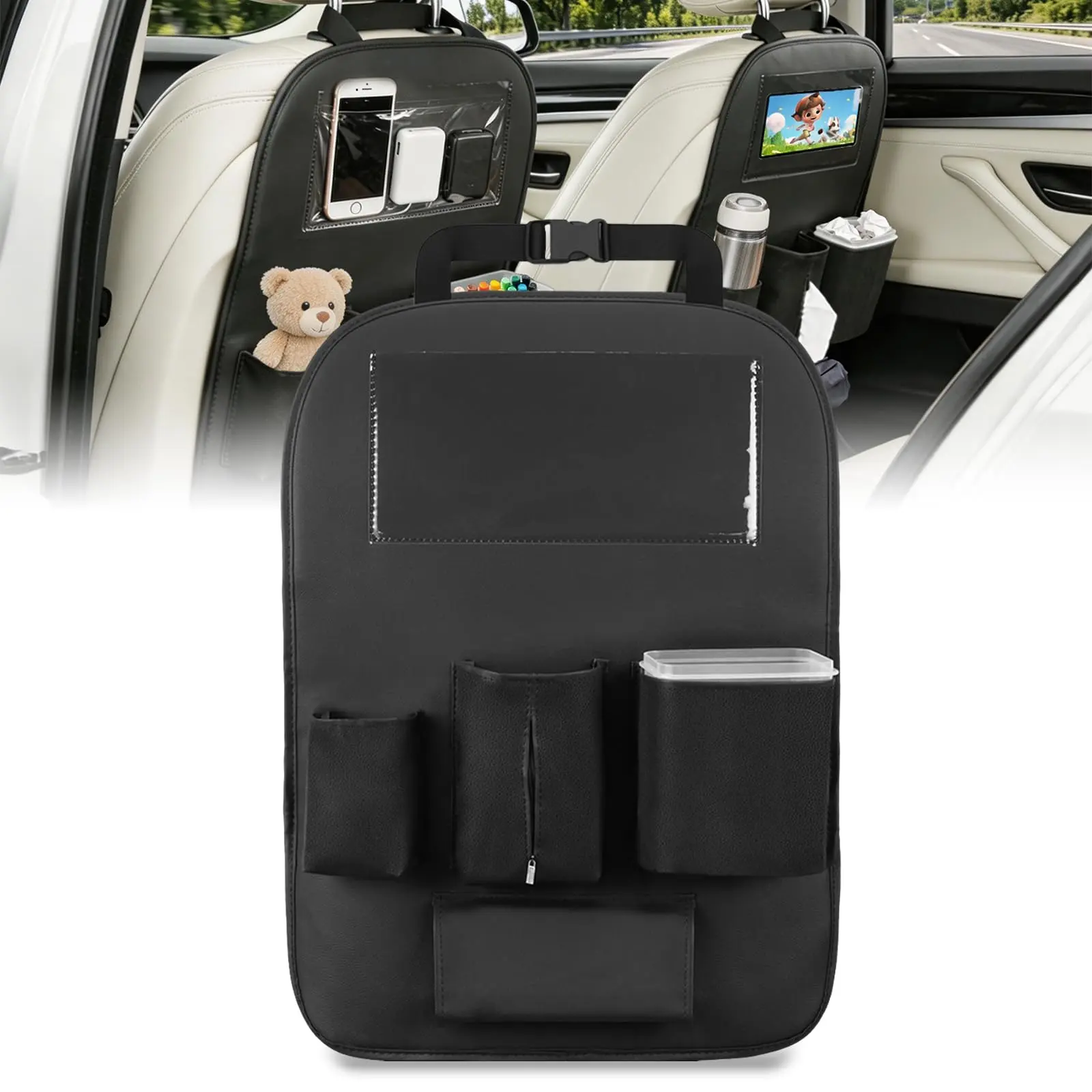 Nilight PU Leather Car Back Seat Organizer (1PCS) - Waterproof Multilayered Quick Install Multifunctional Storage with Kick Mat, Tissue Box, Removable Cup Holder, Universal for Van, SUV, Pickup Truck, Cars Accessories, Automotive Decoration