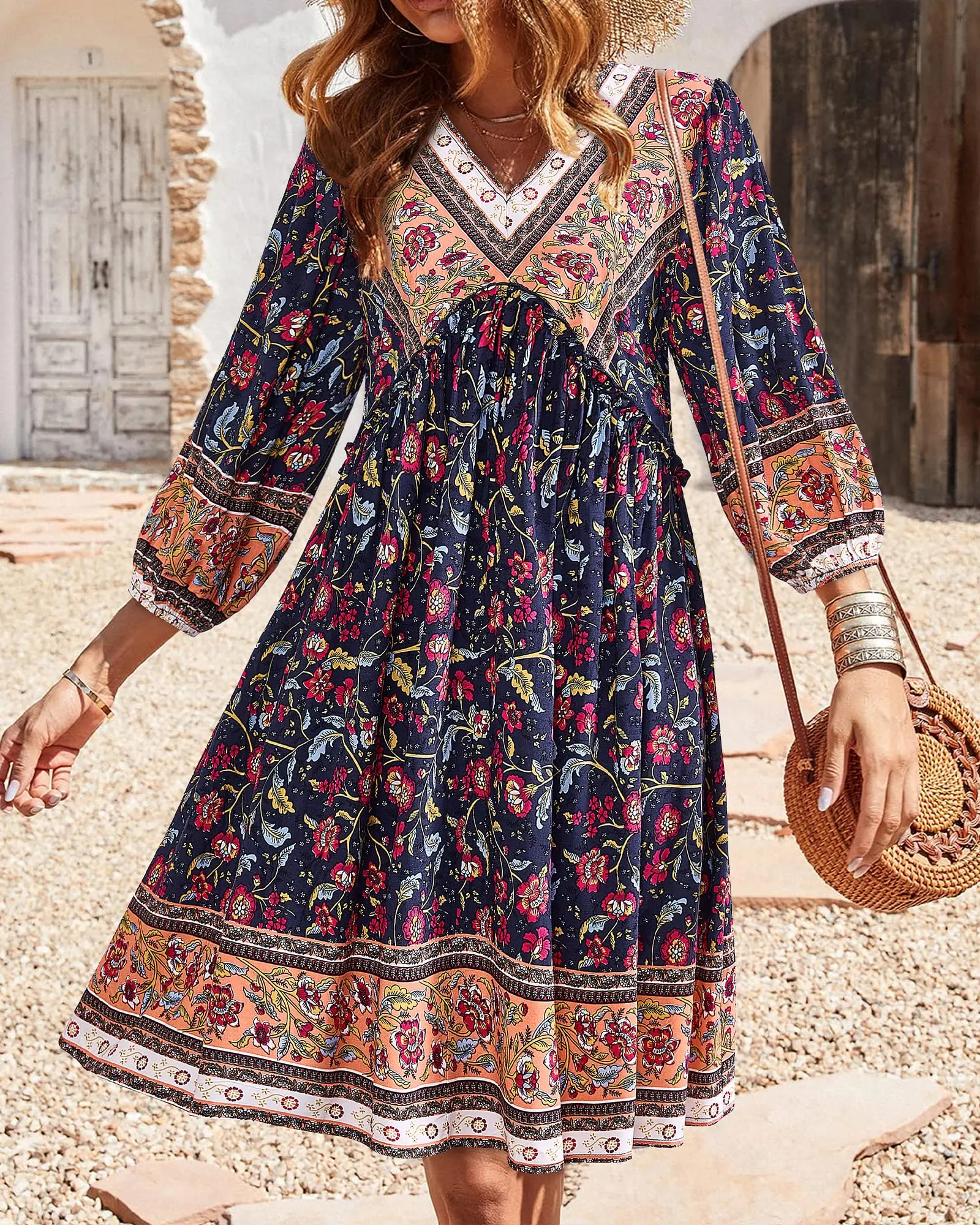 BTFBM Women Casual Spring Summer Dresses V Neck 3/4 Long Sleeve Ruffle Floral  Flowy Boho Babydoll Mini Short Beach Dress - TikTok Shop