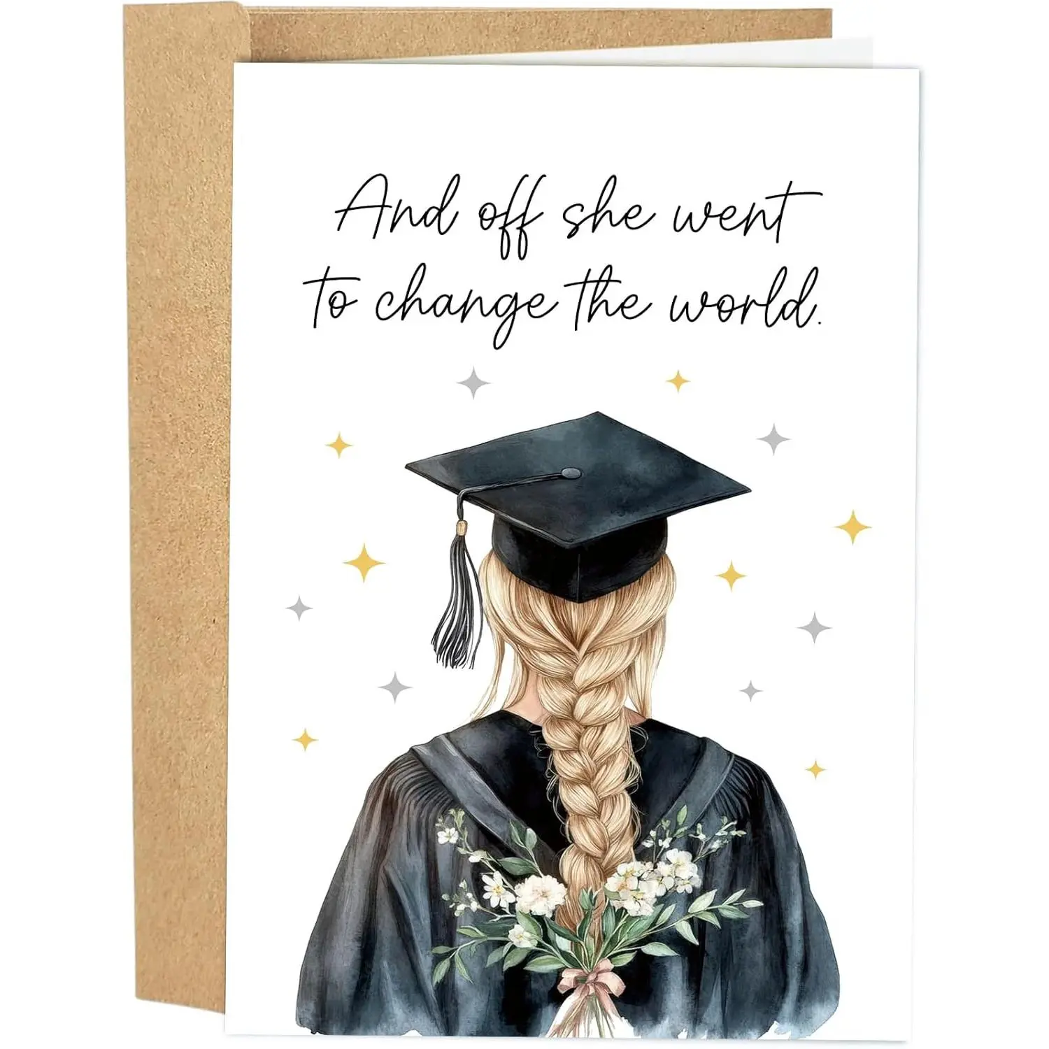 Inspirational Design Graduation Card for Her - Blank Interior, Matching Envelope, Personalized Congratulations to Celebrate Achievements for Daughter/Granddaughter, High School-College Grad Congrats Gift, "And Off She Went To Change The World"