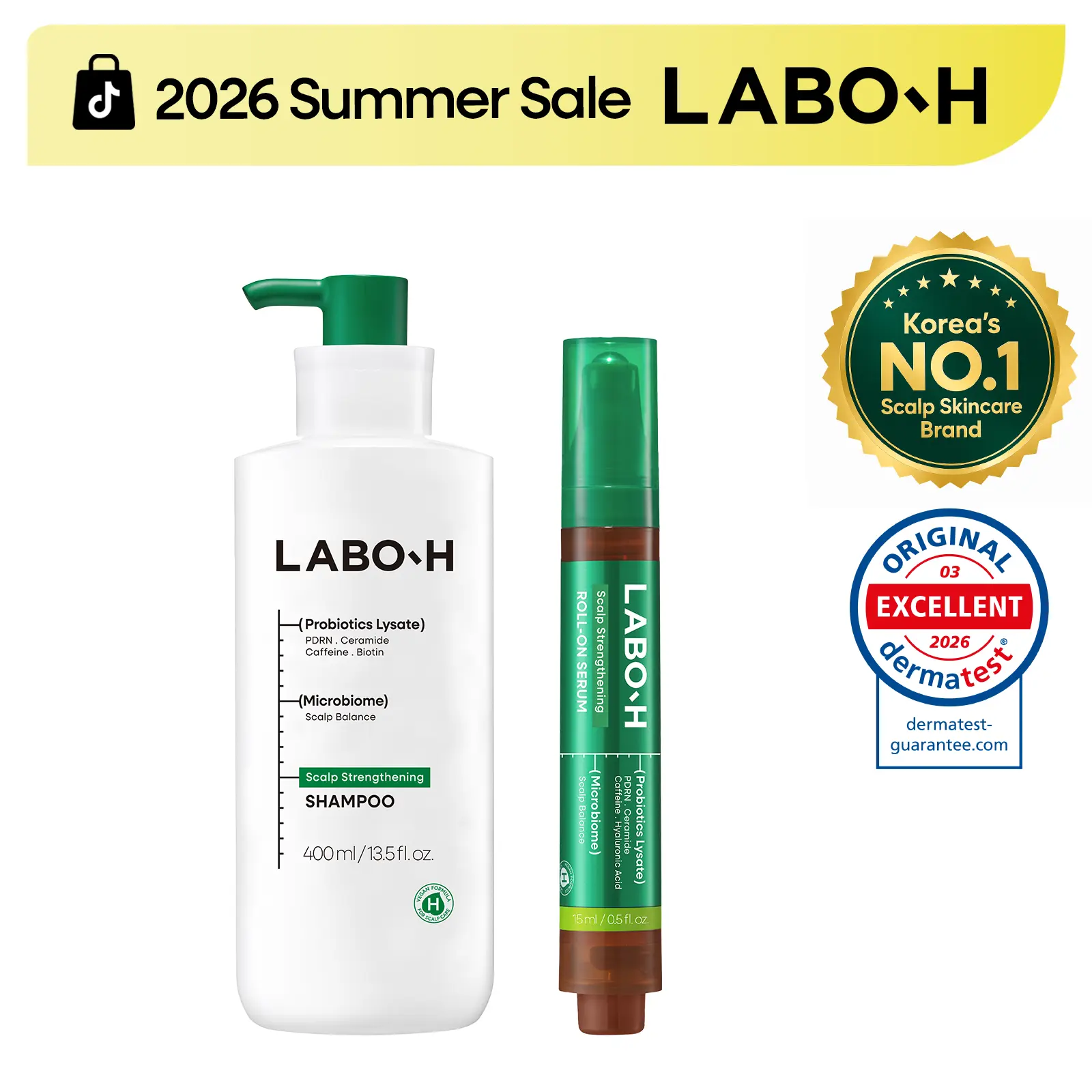 LABO-H Hair Growth Synergy Duo, Without Silicones | PDRN Shampoo & Roll-On Serum | Korean Haircare