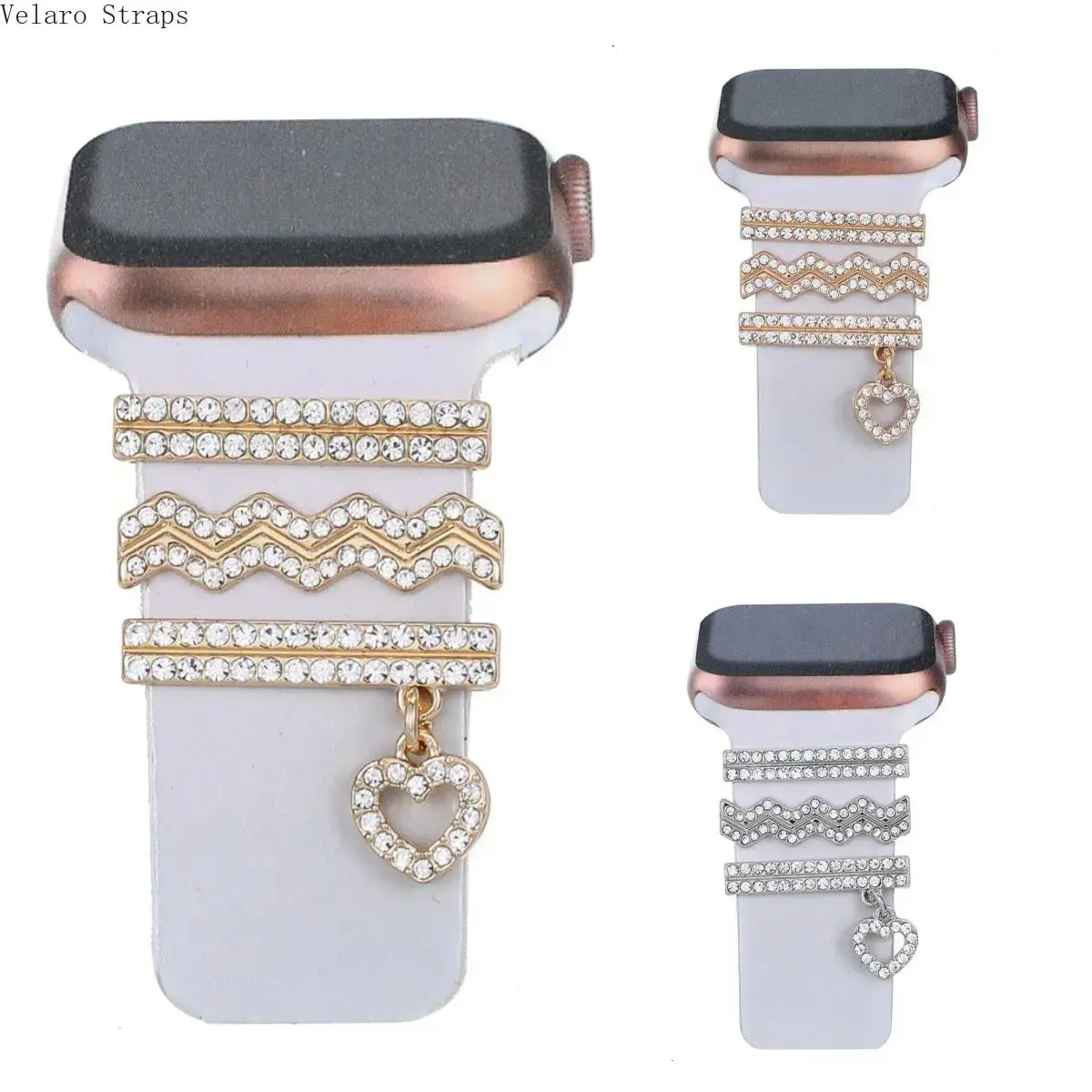 Sparkling Rhinestone Watch Band Charms with Love Pendant, Decorative Ring Accessories for 38–49mm Apple Watch Bands