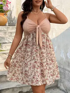 Plus Size Women’s Ditsy Floral Print Strap Mini Dress with Tie Front, Summer Wear