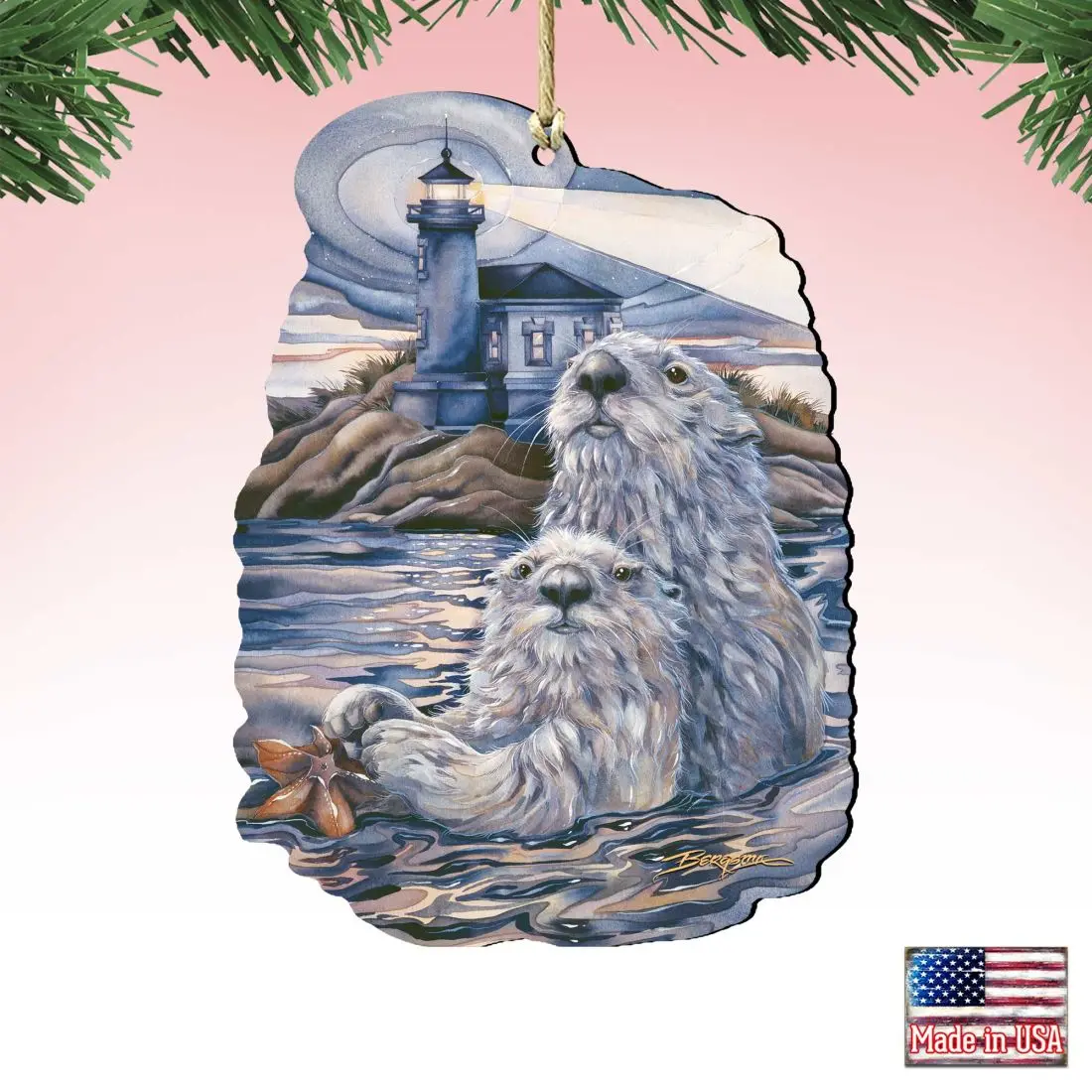 Designocracy 8591572-JB-S2 Handmade Decorative Starlight Otter Lighthouse Wooden Ornaments - 5x5.5 in, Set of 2, Holiday Coastal Sea-Life Decor, Outdoor Gift