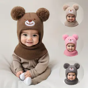 1pc 0-8 Years Baby Bear Ear Balaclava Mask & Beanie Hat - Cute White Winter Ski Mask with Ears, Soft Knit-like Texture for Boys & Girls, Warm Toddler Accessory (Brown/Pink/Black) - Hand Washable Kids Clothing