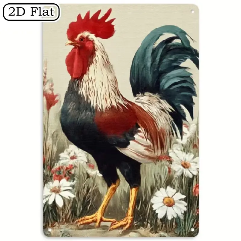 Vintage Distressed Metal Tin Rooster Sign - Artistic Home Accessory, Aged Vintage Animal Figures Sign with Colorful Rooster, White Daisy Flowers for Shabby Chic Rustic Farmhouse Kitchen Wall Plaque Decor, Animal Figures Home Signs