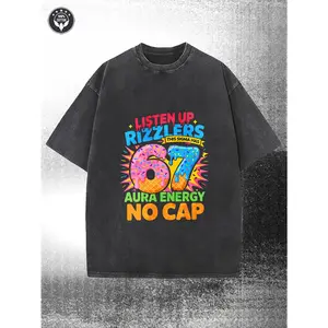 Men'S Dark Grey Heavyweight 230G Pure Washed T-Shirt Colorful Donut Letter Graphic Short Sleeve Loose Fit Casual Streetwear Top for Summer Parties