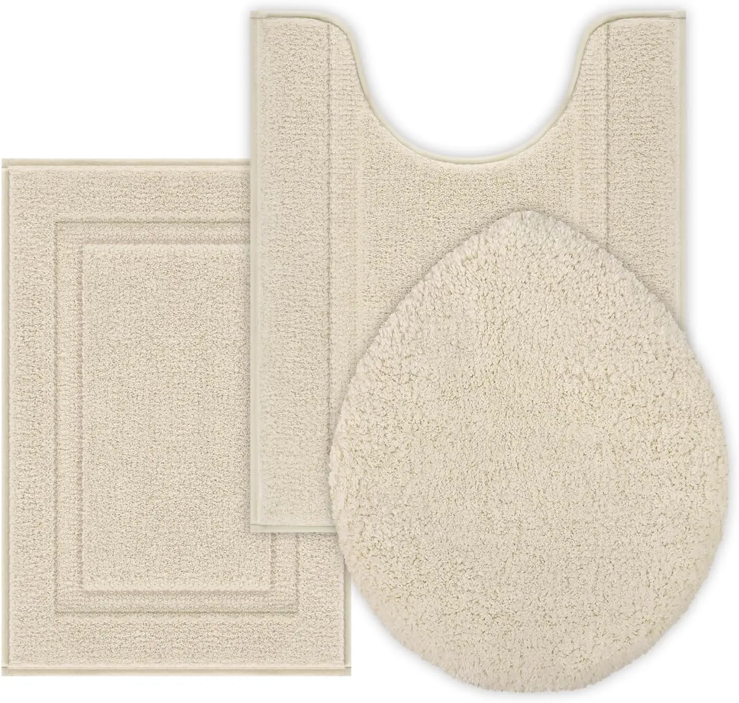 Microfiber Rugs Set of 3 with Lid Cover Non Slip |   Washable Bath Mat Absorbent Carpet 16"x24"+U Shape Rug 20"x24"+Lid Cover 19"x21", Light Beige