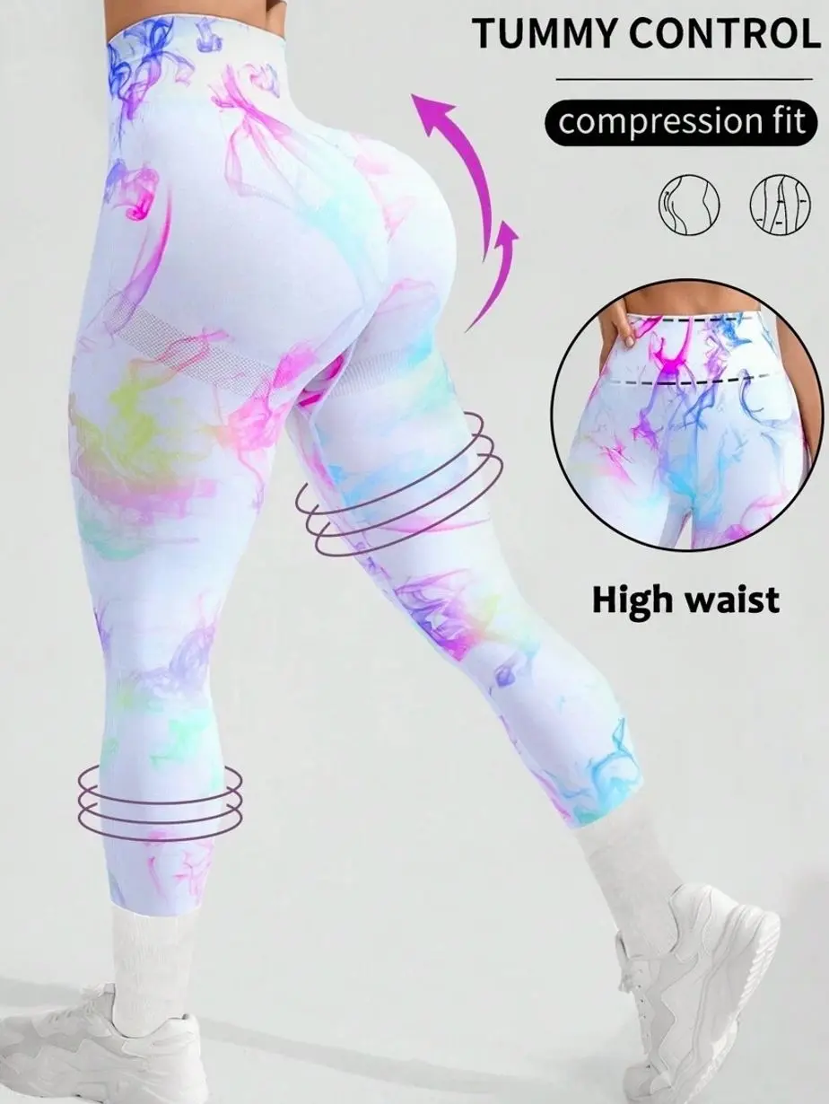 Tie-Dyed Sports Leggings Yoga Women Pants High Waist Multicolor High Stretch Fabric All Seasons Seamless Long Length