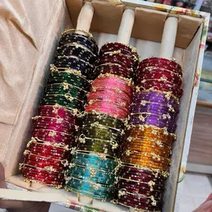 Kashmiri Xross Drop Bangles Combo Size 2.4 Vibrant Colors Gold Accents for Festive Wear 12 Shiny Colors 48 Ghungroo Bangles Free Bangle Organizer