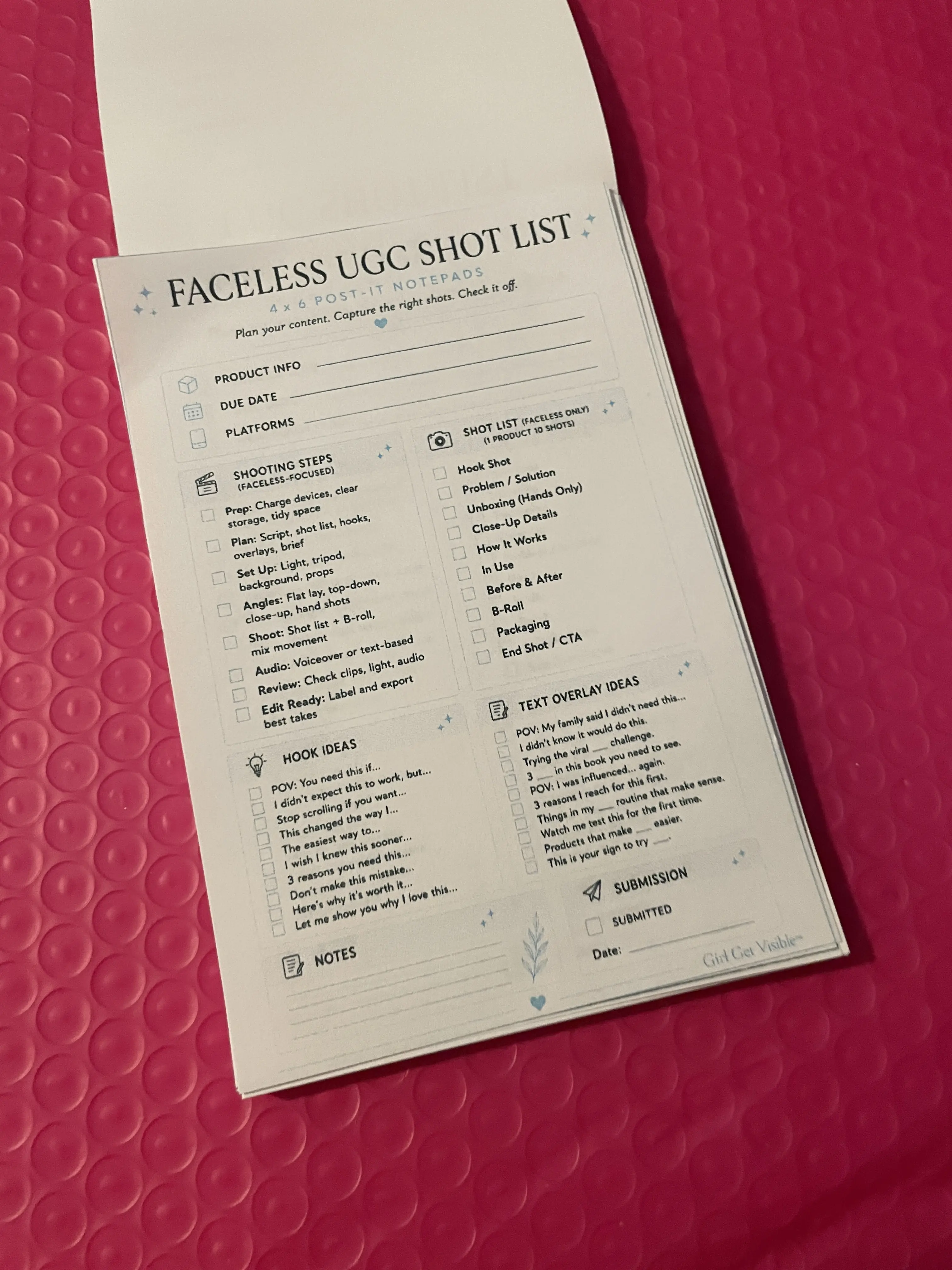 Faceless UGC Shot List Non-Adhesive Note Pad for Business & Management Professionals, Con tent Creator Tool