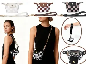 Women’s wear‑resistant fabric fashionable checkered mini portable wallet/coin purse lipstick holder, can be worn on one shoulder or at the wrist, gold‑tone accessories wallet, small everyday carry item