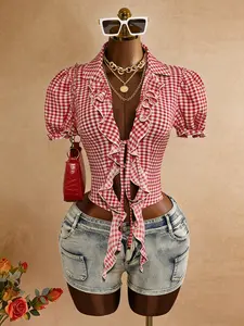 Women's Red & White Plaid Ruffled Tie Front Crop Top, Blouse, Puff Sleeve Deep V-Neck Y2K Top, Perfect for Summer, Music Festivals, Beach, Dates & Casual Daily Wear, Y2K & Country Style Fashion Item