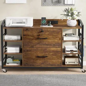 Sikaic 44 Inches File Cabinet with 2 Drawer Lock Power Strip Rustic