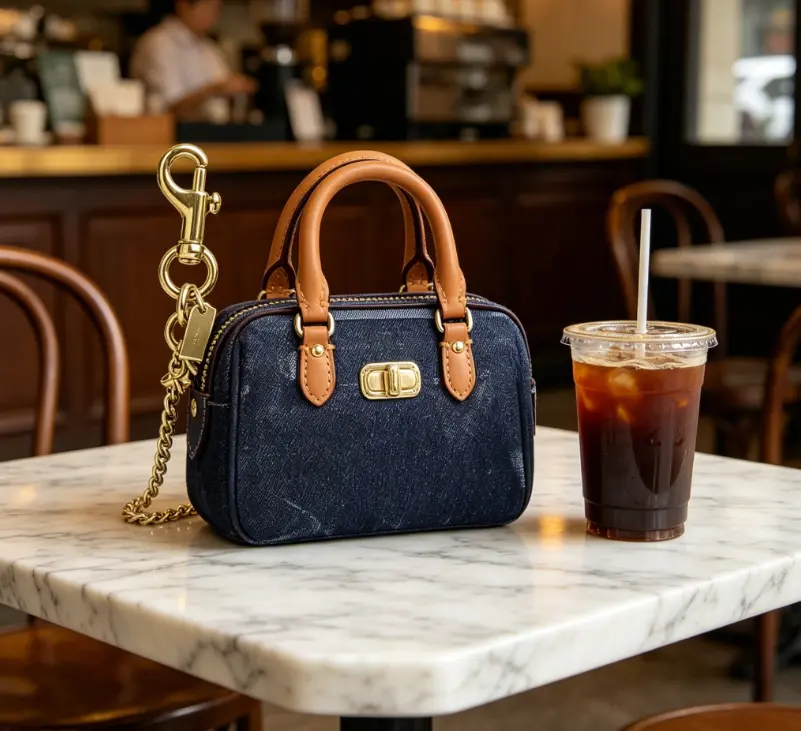 Denim Mini Boston Bag for Women, Old Money Style Wallet Purse with Leather Top Handle & Keychain Pouch for Airpods, Leather Pouchlette, Stripes, Envelope Shape, Zipper, Zipper Purse, Casual, Multi-Use, Lightweight