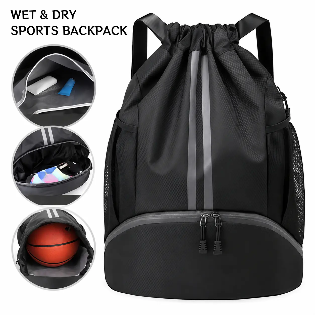 VENQAKU Waterproof Drawstring Gym Backpack with Shoe Compartment, Wet/Dry Separation Sports Sackpack for Soccer, Workout, Swimming