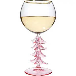 Crystal Winter Tree Stemmed Wine Glass - Pink - 12oz Goblet Bordeaux Gold Rim Colored Glassware, Cheerful Party Festive New Years Cheer for Winter Gift