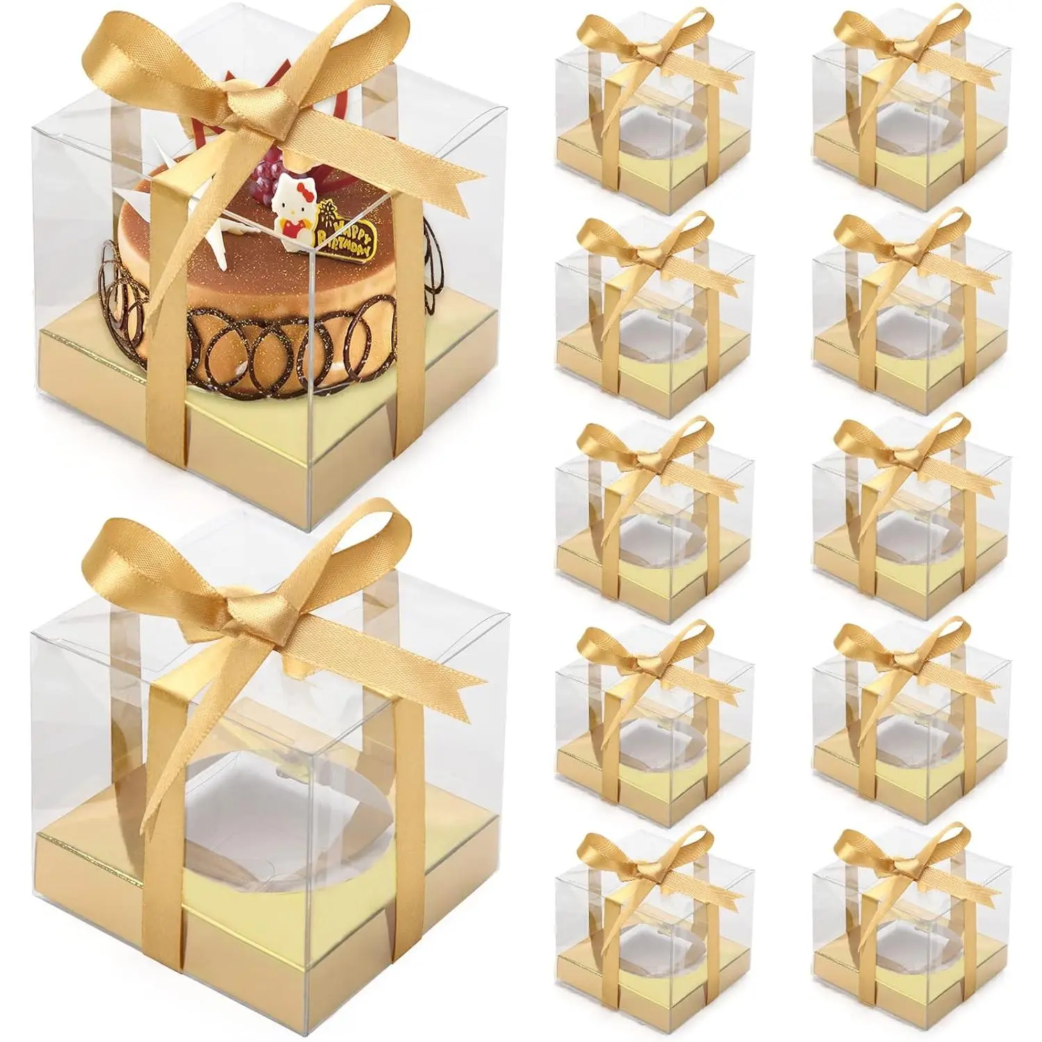12 Pack Clear Plastic Cupcake Boxes, 3.5 Inch  Single Cupcake Containers Disposable Individual Cup Cake Carrier Holder Boxes with Inserts and Ribbon ()