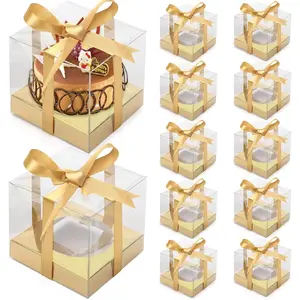 12 Pack Clear Plastic Cupcake Boxes, 3.5 Inch  Single Cupcake Containers Disposable Individual Cup Cake Carrier Holder Boxes with Inserts and Ribbon ()