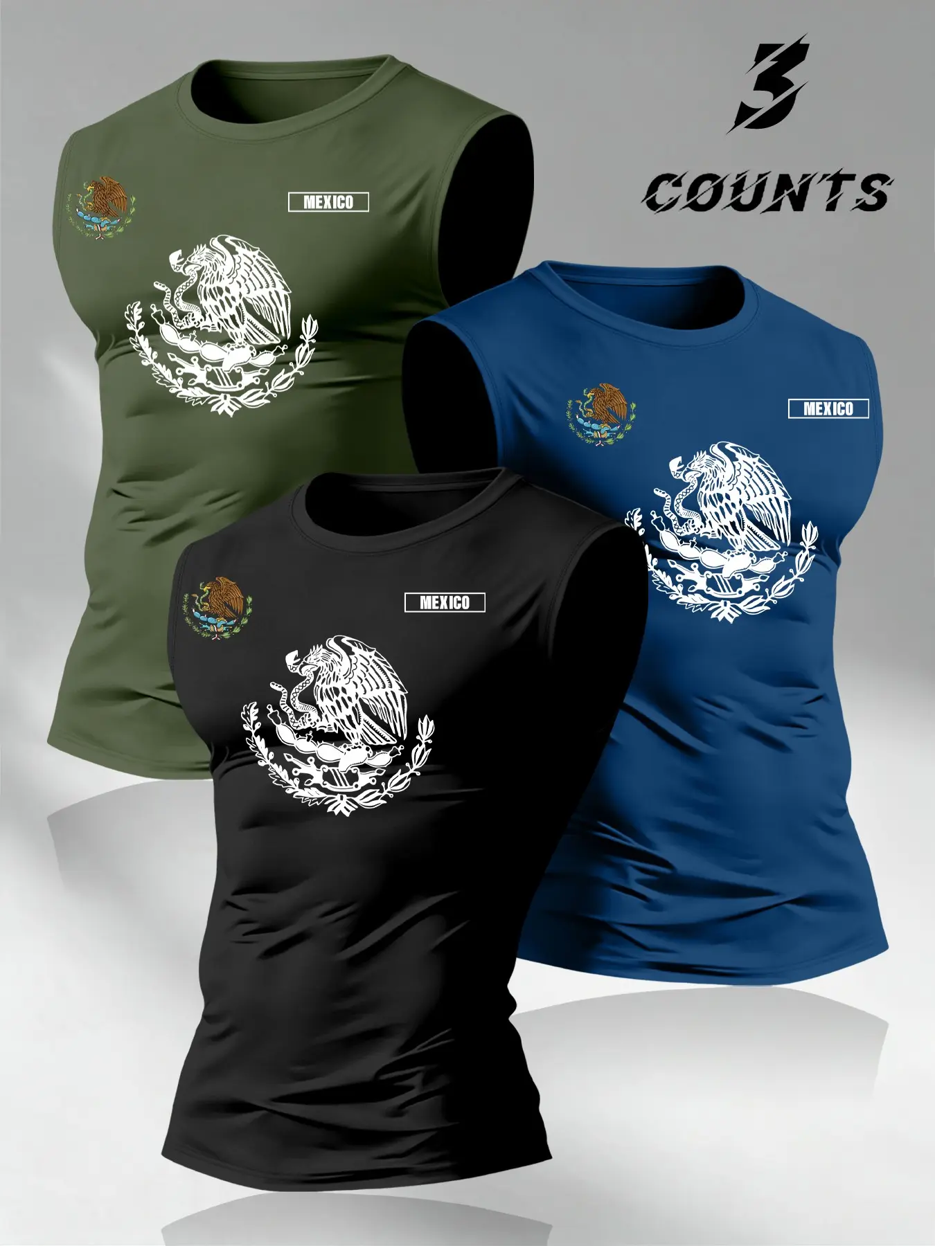 American Vintage Mexican Graphic Print Men's Tank Tops, 3-Pack Round Neck Sleeveless Tees, Trendy Tops for Memorial Day