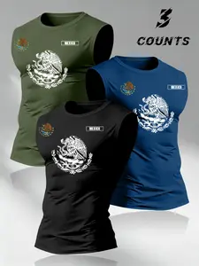 American Vintage Mexican Graphic Print Men's Tank Top Set, 3-Piece Round Neck Wide Shoulder Sleeveless T-Shirts, Trendy Memorial Tops