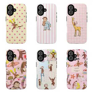 GFL-Curious Georgeee Pink Polka Dot Phone Case,Cute Cartoon Monkey Phone Case,Cute Monkey Art on Pink, Cream & Gingham Protective Cover For iPhone 11 12 13 14 15 16 17 Air Pro Max for Samsung S26 S25 S24 S23 S22 S21 Case,Gift for her/him/fans