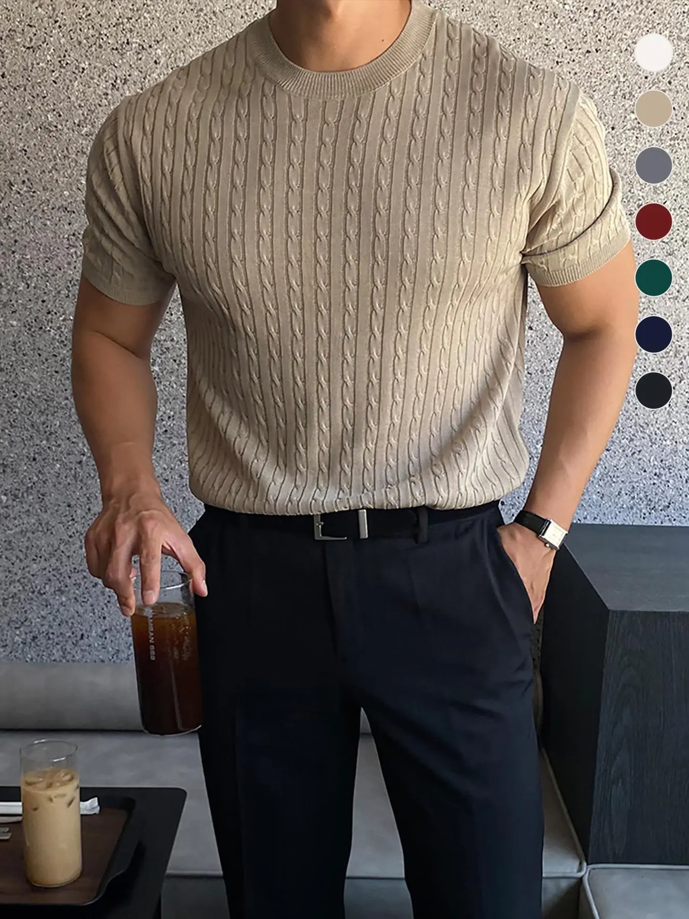 Summer Clothes Men's Plain Round Neck Stretchy Knit Cable Knit Top, Casual Chic Knitwear, Slim Casual Crew Neck Knitwear for Spring & Summer, Menswear for Daily Wear, National Day Clothing