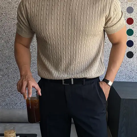 Summer Clothes Men's Plain Round Neck Cable Knit Top, Slim Casual Crew Neck Knitwear for Spring & Summer, Menswear for Daily Wear, National Day Clothing