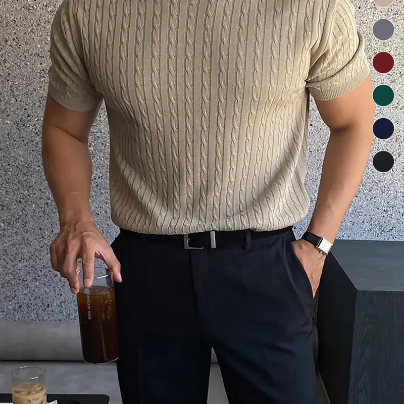 Summer Clothes Men's Plain Round Neck Cable Knit Top, Slim Casual Crew Neck Knitwear for Spring & Summer, Menswear for Daily Wear, National Day Clothing