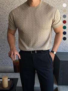 summer clothes men's plain round neck cable knit shortsleeve top, slim casual crew neck knitwear for spring & summer, menswear for daily wear, national day clothing