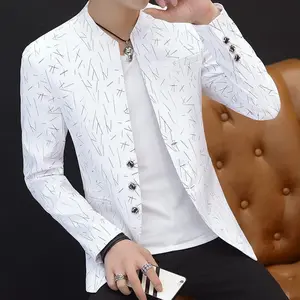Men's printed small suit men's Korean style slim stand collar Zhongshan suit casual suit thin jacket youth Blazer Classic Formal Menswear Long Sleeve Jeans Shirts BasicUDTY