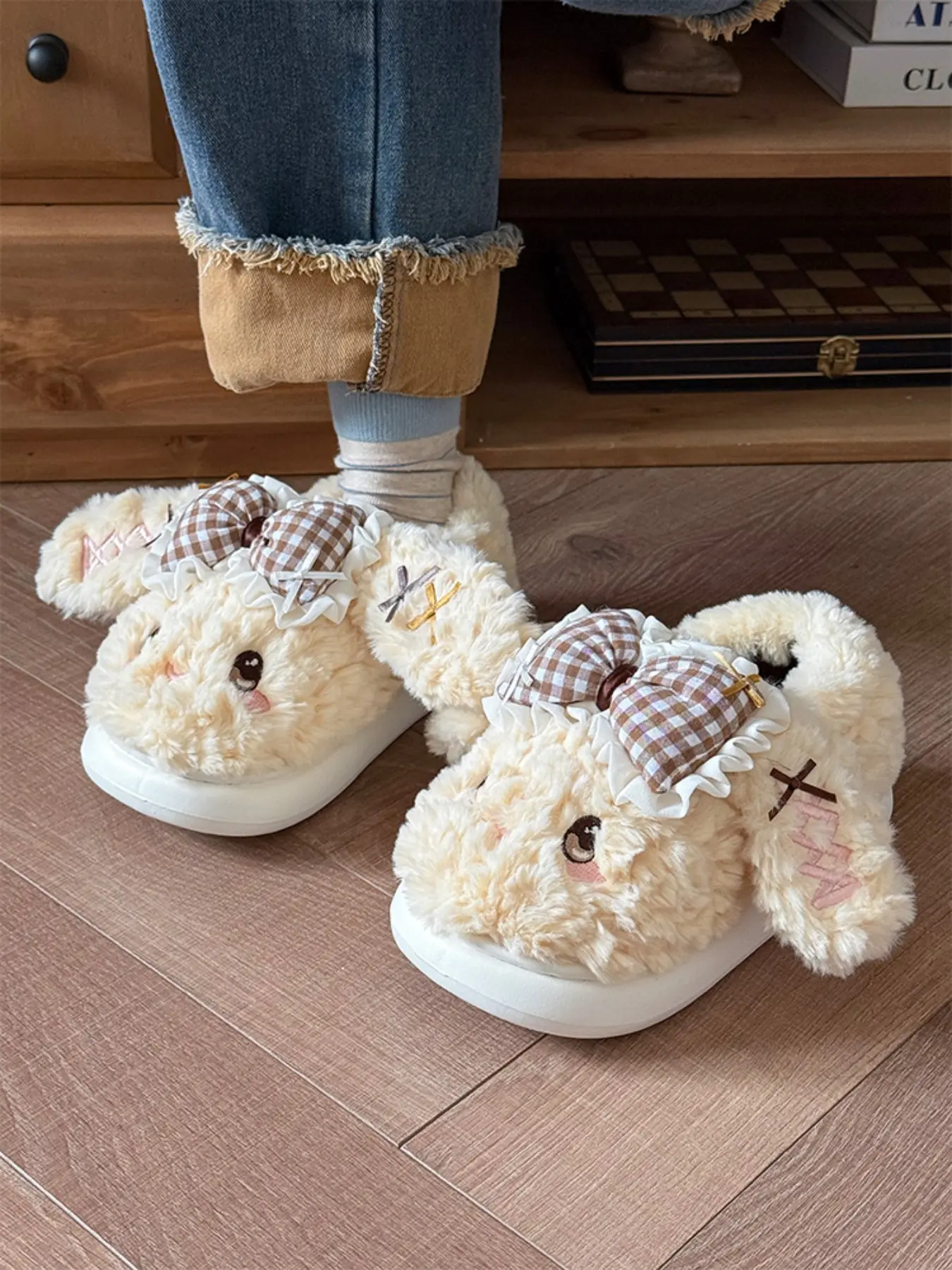 Women's Bowknot Slipper Indoor Home Fleece Warm Comfort Durable Plush Cotton Shoes Winter, Sweet Style Medium Width Textile Upper