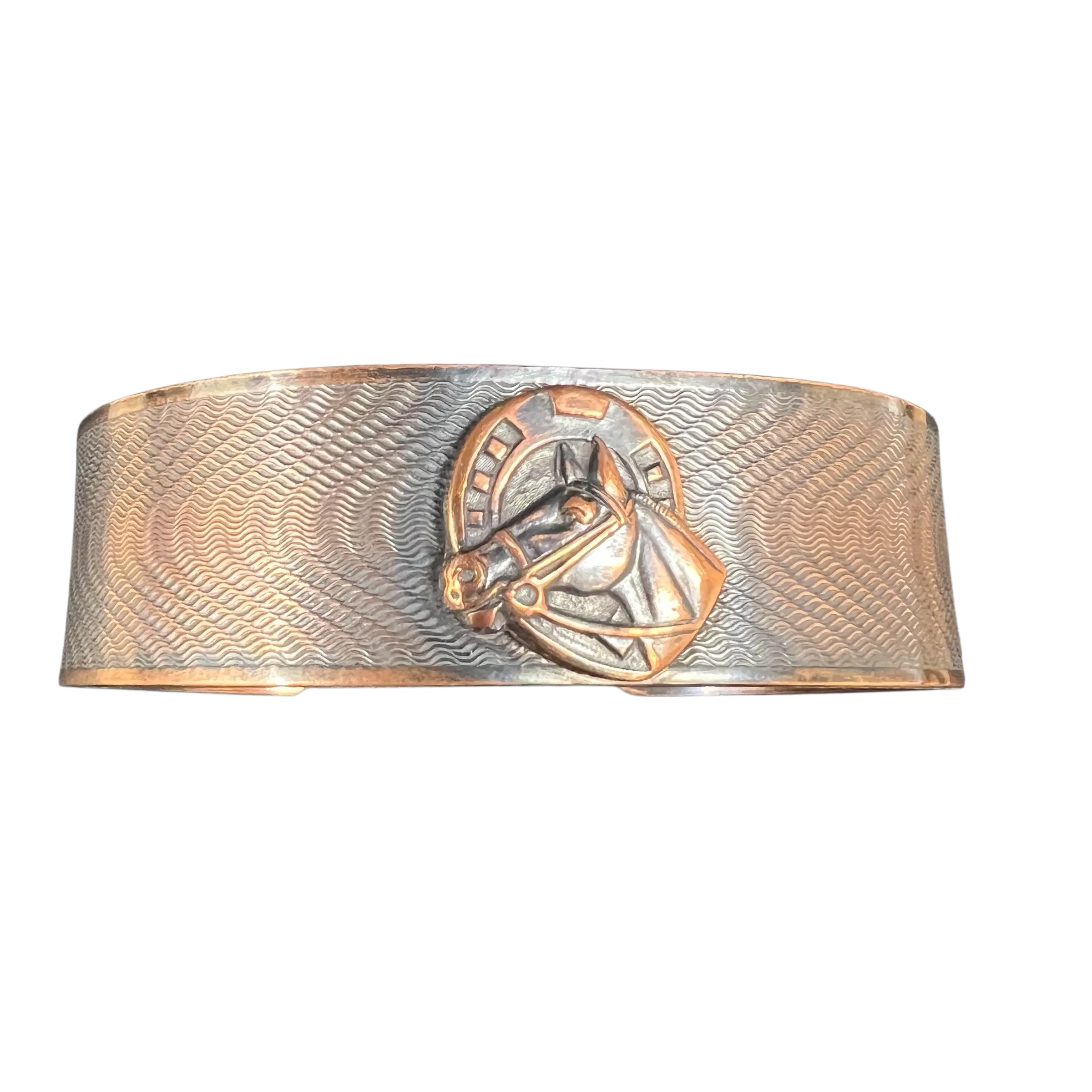 Women's Western Copper Cuff Bracelet - Unique Handcrafted Costume Jewelry, Engraved Horse & Horseshoe, 6 1/4" Length, 7.375" Max Adjustable Textured Oxidized Band, Good-Luck Symbolism, Rustic Elegance Accessory for Western Wear