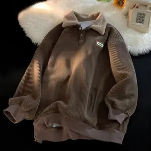 Corduroy polo collar sweater autumn and winter couple loose comfortable casual men's classic soft long sleeve Sweatshirt