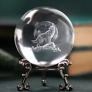 Wolf Design Crystal Ball with Base, Crystal Sphere, 1 Count 3D Laser Glass Ball Ornament, Decorative Glass Ball for Home Office Desktop, Gift for Friend & Family, Home Ornaments