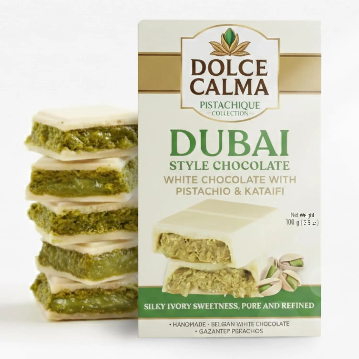 Dolce Calma White Dubai Chocolate Bar (Pack of 2, 100g/3.5oz) - Authentic Handmade Belgian Chocolate, Turkish Pistachio, Crispy Kataifi Kunafa Filling, No Palm Oil, Ships With 2 Ice Gel Packs