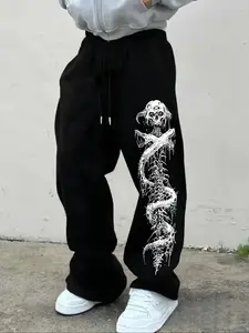 Men's Casual Sporty Long Pants, Skull & Snake Pattern Printed Sweatpants, Drawstring Wide Leg Relaxed Fit, All Season Men's Clothing