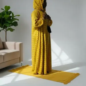 Muslim Prayer Abaya Dress One Piece Hoodie Abaya in Pink with Polka Dot Pattern and Tassel Detail