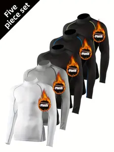 5pcs Men'S Thermal Compression Shirts - Moisture-Wicking Long Sleeve Athletic Tops for Running, Skiing, Basketball, Football & Outdoor Sports - High Neck, Stretchy, Quick-Dry, Winter Sports Apparel | High Neck Shirt | Moisturewicking Fabri
