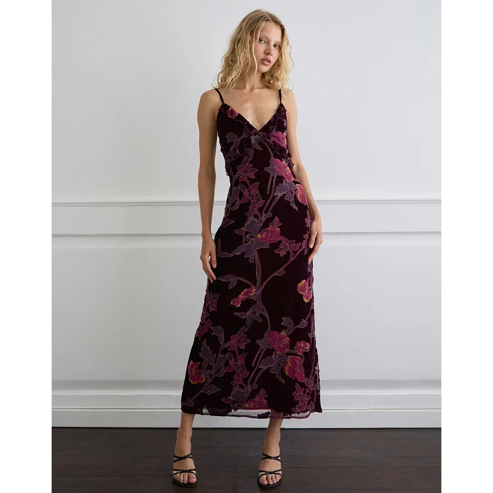 Motelrocks Yamira Women's Casual Maxi Dress in Burgundy Floral Devore with Cami Straps and Frill Detail, Casual Wear