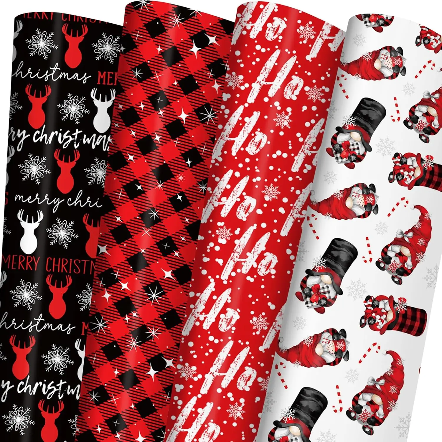 Modern Christmas Wrapping Paper Gift Pack - Adult-Focused Festive Wrapping Supplies, 6 Folded Sheets (Red/Black Plaid Tartan, Reindeer, Ho Ho Words Designs), 28x40 in, Glossy Finish, Easy to Store