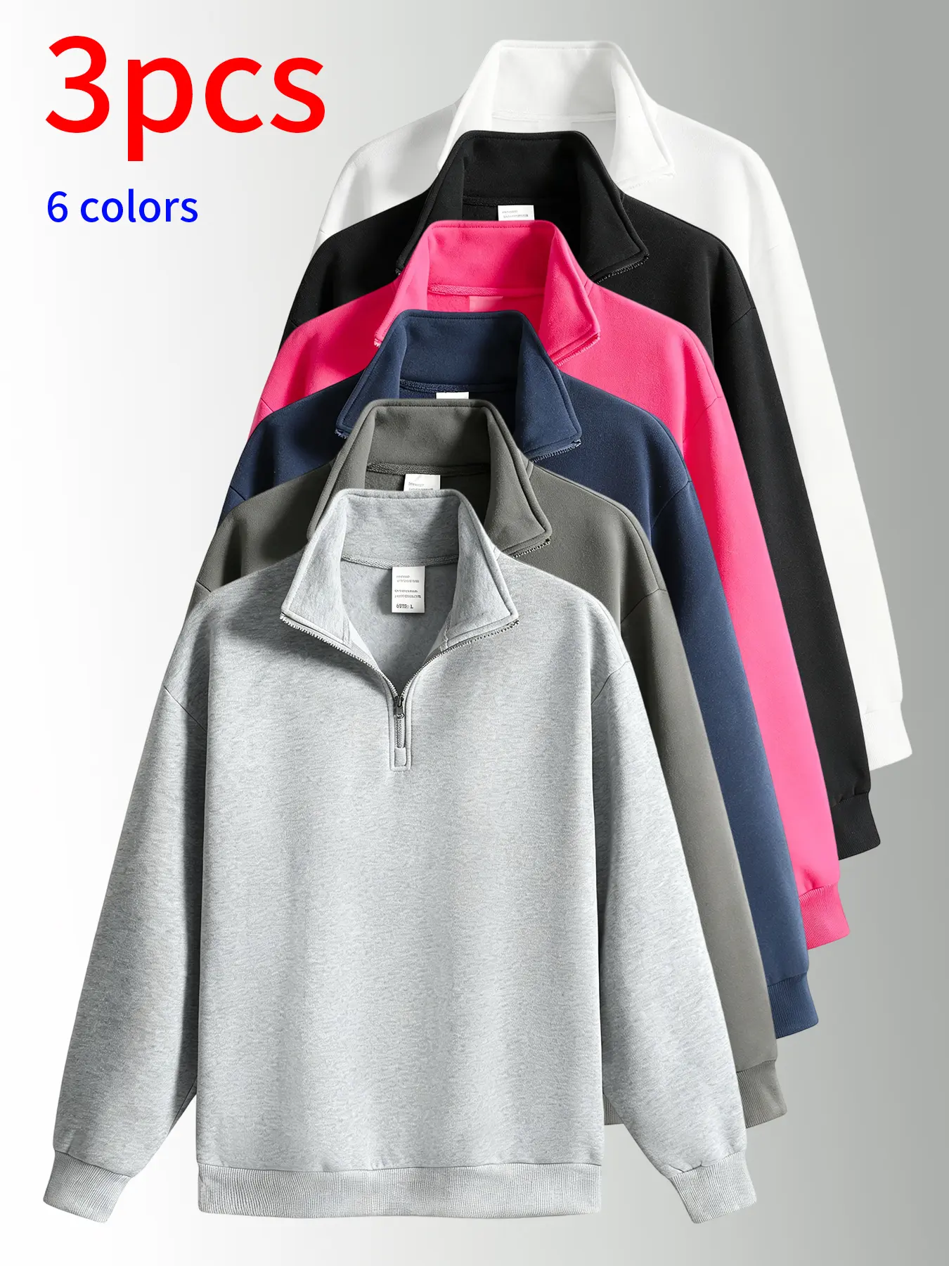 3-pack men’s stand-collar sweatshirts, men’s sweatshirts. Loose fit, half-zip stand collar design, soft, comfortable, skin-friendly fabric, minimalist solid color design, available in multiple colors, suitable for daily commuting, school, shopping, sports