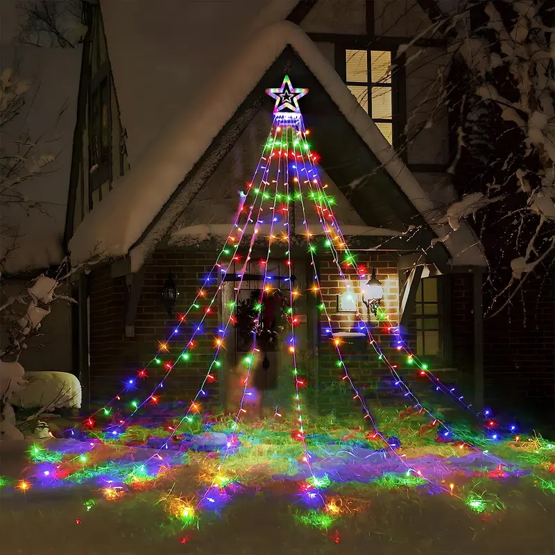 1 Solar Christmas Decorative Star Waterfall Tree Light with 8 Modes, Perfect for Outdoor Garden, Yard, and Patio Holiday Decor