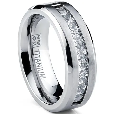 Genuine Solid Titanium Men's Wedding Band Rings - 1Ct, 9 Large Princess Cut CZ, Beveled Edges, High Polish, Non-Tarnish, Hypoallergenic Skin-Safe Metal Channel Jewelry, Ideal Mens Gifts, Men's Accessories