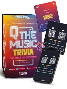 Q The Music – Music Lyric Party Trivia Quiz Card Game for Adult and Family Game Nights, 2-10 Players, Scan, Listen to Iconic Hits, and Answer Trivia – Adult Games for Parties